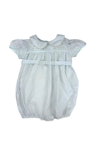 Vintage 1960s baby ‘bubble’ onesie in light blue acetate with a sweet bird appliqué design across the chest. Features a scalloped Peter Pan collar, short, puffed sleeves, and a buttoned belt at the waist.

The leg openings are elasticized. The onesie closes at the bottom with two buttons.