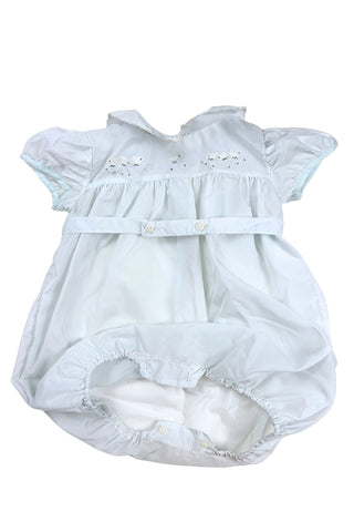 Vintage 1960s baby ‘bubble’ onesie in light blue acetate with a sweet bird appliqué design across the chest. Features a scalloped Peter Pan collar, short, puffed sleeves, and a buttoned belt at the waist.

The leg openings are elasticized. The onesie closes at the bottom with two buttons.