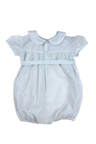 Vintage 1960s baby ‘bubble’ onesie in light blue acetate with a sweet bird appliqué design across the chest. Features a scalloped Peter Pan collar, short, puffed sleeves, and a buttoned belt at the waist.

The leg openings are elasticized. The onesie closes at the bottom with two buttons.