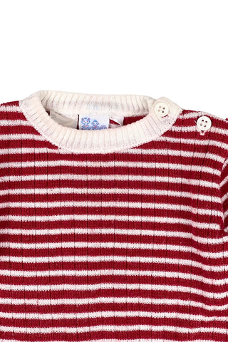 Vintage 1970s baby sweater by Glynne-Percy in rust red-brown and white stripe, with a white ribbed collar. The cuffs are folded and stitched into place.

Closes at the neck with two buttons.