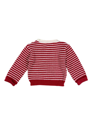 Vintage 1970s baby sweater by Glynne-Percy in rust red-brown and white stripe, with a white ribbed collar. The cuffs are folded and stitched into place.

Closes at the neck with two buttons.