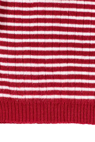 Vintage 1970s baby sweater by Glynne-Percy in rust red-brown and white stripe, with a white ribbed collar. The cuffs are folded and stitched into place.

Closes at the neck with two buttons.