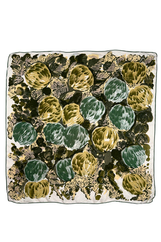 Vintage 1960s scarf in shades of green and yellow with a large artichoke print. Made of rayon twill.