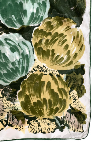 Vintage 1960s scarf in shades of green and yellow with a large artichoke print. Made of rayon twill.