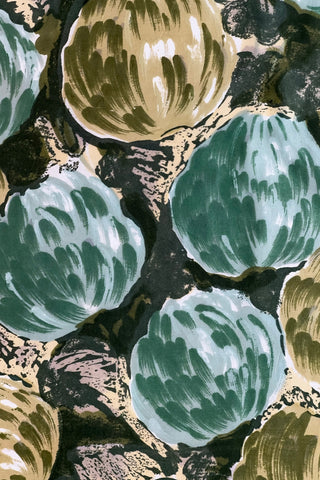 Vintage 1960s scarf in shades of green and yellow with a large artichoke print. Made of rayon twill.