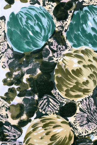 Vintage 1960s scarf in shades of green and yellow with a large artichoke print. Made of rayon twill.