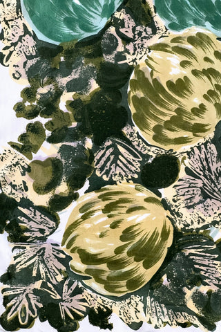 Vintage 1960s scarf in shades of green and yellow with a large artichoke print. Made of rayon twill.
