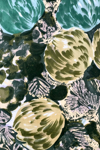 Vintage 1960s scarf in shades of green and yellow with a large artichoke print. Made of rayon twill.