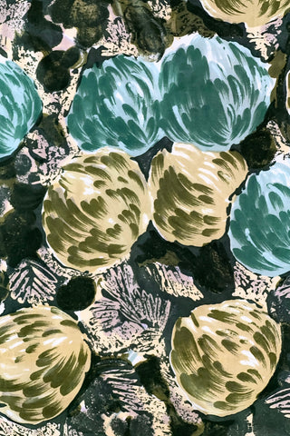 Vintage 1960s scarf in shades of green and yellow with a large artichoke print. Made of rayon twill.