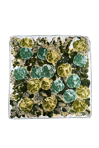 Vintage 1960s scarf in shades of green and yellow with a large artichoke print. Made of rayon twill.