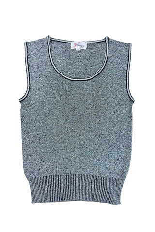 Vintage 1970s sweater vest in silver metallic knit, with black striped accents around the low, round collar and sleeveless arm openings.

Designed by The Kollection. Made in Canada.

Marked size Small.