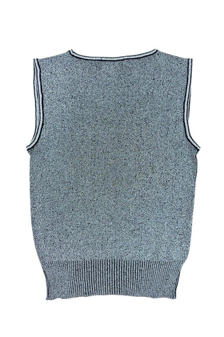 Vintage 1970s sweater vest in silver metallic knit, with black striped accents around the low, round collar and sleeveless arm openings.

Designed by The Kollection. Made in Canada.

Marked size Small.