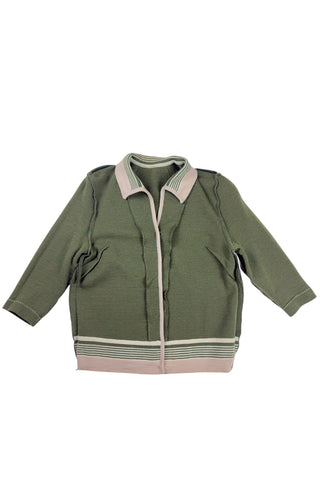 Vintage 1950s wool cardigan sweater in olive green and cream with three-quarter length sleeves. The sweater features a rolled collar with a striped design, with a matching striped band at the waist. Closes with six green lucite buttons.