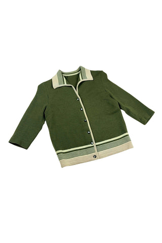 Vintage 1950s wool cardigan sweater in olive green and cream with three-quarter length sleeves. The sweater features a rolled collar with a striped design, with a matching striped band at the waist. Closes with six green lucite buttons.