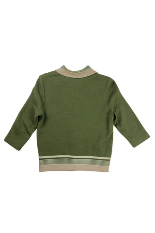 Vintage 1950s wool cardigan sweater in olive green and cream with three-quarter length sleeves. The sweater features a rolled collar with a striped design, with a matching striped band at the waist. Closes with six green lucite buttons.
