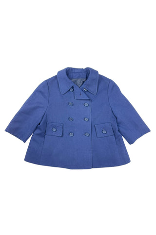 Vintage 1960s Jean Bailly toddler coat in navy blue. Features a double-breasted button placket, faux pocket flaps with real slash pockets beside them, and a half-sash in the back with three buttons.

Fully lined in navy blue acetate.