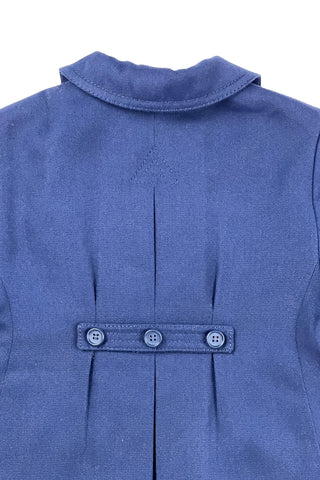 Vintage 1960s Jean Bailly toddler coat in navy blue. Features a double-breasted button placket, faux pocket flaps with real slash pockets beside them, and a half-sash in the back with three buttons.

Fully lined in navy blue acetate.