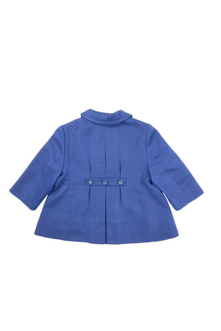 Vintage 1960s Jean Bailly toddler coat in navy blue. Features a double-breasted button placket, faux pocket flaps with real slash pockets beside them, and a half-sash in the back with three buttons.

Fully lined in navy blue acetate.