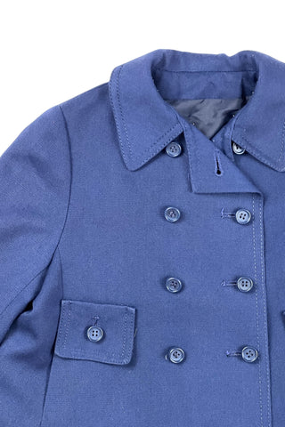 Vintage 1960s Jean Bailly toddler coat in navy blue. Features a double-breasted button placket, faux pocket flaps with real slash pockets beside them, and a half-sash in the back with three buttons.

Fully lined in navy blue acetate.