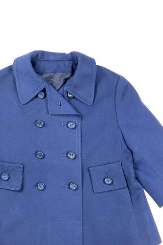 Vintage 1960s Jean Bailly toddler coat in navy blue. Features a double-breasted button placket, faux pocket flaps with real slash pockets beside them, and a half-sash in the back with three buttons.

Fully lined in navy blue acetate.