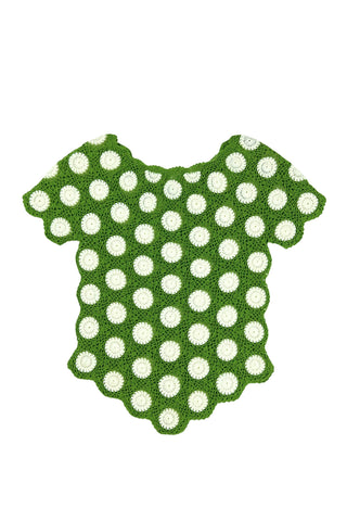 Vintage 1960s crochet sweater top in avocado green with white daisy polkadot pattern. The sweater features a scalloped V-neckline, short sleeves, and a scalloped, pointed hem.