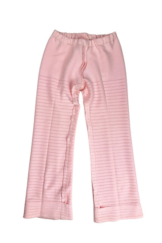 Vintage 1960s women’s trousers in light pink eyelet knit with creased seams and a slight flare at the hem. Elasticized waist.