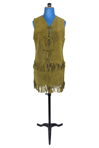 Vintage 1960s fringed suede vest and miniskirt set in olive green suede leather. The vest closes with four ties laced through holes in both sides of the vest. The skirt has open lacing on both hips, with matching suede ties.