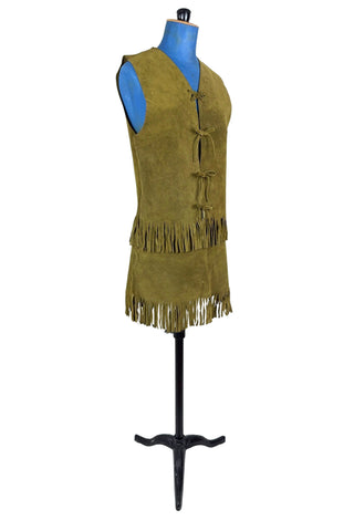 Vintage 1960s fringed suede vest and miniskirt set in olive green suede leather. The vest closes with four ties laced through holes in both sides of the vest. The skirt has open lacing on both hips, with matching suede ties.