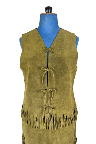 Vintage 1960s fringed suede vest and miniskirt set in olive green suede leather. The vest closes with four ties laced through holes in both sides of the vest. The skirt has open lacing on both hips, with matching suede ties.
