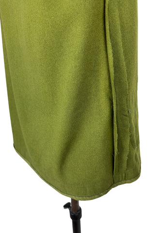 Vintage Trachten-style green wool folk vest featuring floral embroidery trim and a closing tab which fastens with a snap.