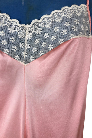 Vintage 1970s nightgown in light pink nylon jersey with wide white lace panel at the V-neckline.
By Claudel. Made in Canada.