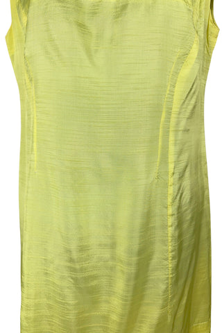 Vintage 1960s shift dress in sunny yellow rayon that resembles shot silk.  Sleeveless, with a round neckline. The dress closes in the back with a cotton twill zipper, and is unlined.