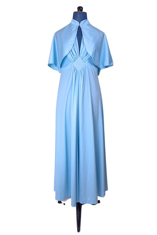 Vintage 1970s Prom Dress Halter Maxi Dress with Cape Light Blue  – Small