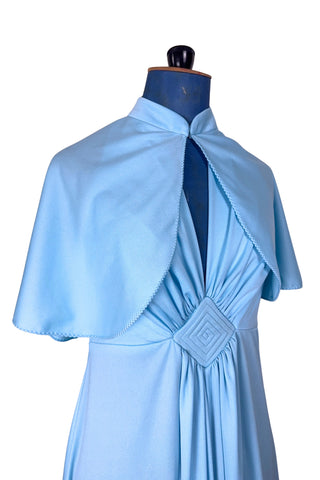 Vintage 1970s Prom Dress Halter Maxi Dress with Cape Light Blue  – Small