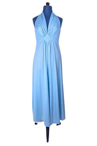Vintage 1970s Prom Dress Halter Maxi Dress with Cape Light Blue  – Small