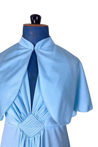 Vintage 1970s Prom Dress Halter Maxi Dress with Cape Light Blue  – Small