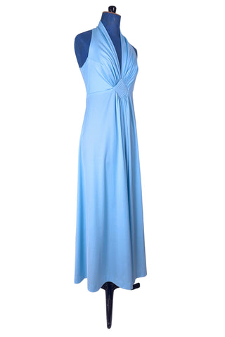 Vintage 1970s Prom Dress Halter Maxi Dress with Cape Light Blue  – Small