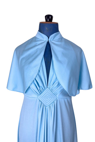 Vintage 1970s Prom Dress Halter Maxi Dress with Cape Light Blue  – Small
