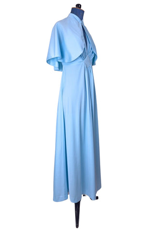 Vintage 1970s Prom Dress Halter Maxi Dress with Cape Light Blue  – Small