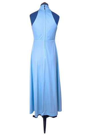 Vintage 1970s Prom Dress Halter Maxi Dress with Cape Light Blue  – Small