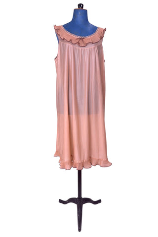 Vintage 1960s Nightgown Ruffle Collar Bow Sleeveless Peach Brown - XL+