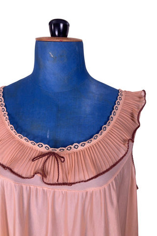 Vintage 1960s Nightgown Ruffle Collar Bow Sleeveless Peach Brown - XL+