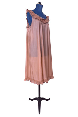Vintage 1960s Nightgown Ruffle Collar Bow Sleeveless Peach Brown - XL+
