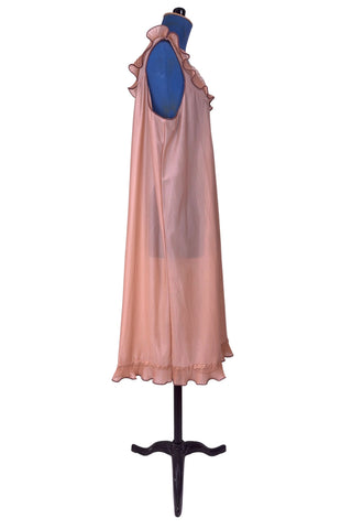 Vintage 1960s Nightgown Ruffle Collar Bow Sleeveless Peach Brown - XL+
