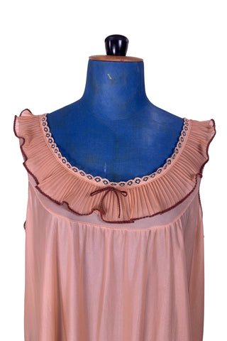 Vintage 1960s Nightgown Ruffle Collar Bow Sleeveless Peach Brown - XL+