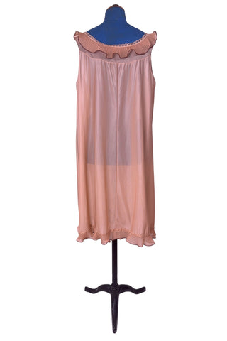 Vintage 1960s Nightgown Ruffle Collar Bow Sleeveless Peach Brown - XL+
