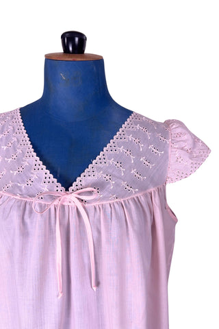 Vintage 1960s Babydoll Nightie Pink Nightgown Bow Eyelet Embroidery - XL+