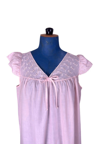 Vintage 1960s Babydoll Nightie Pink Nightgown Bow Eyelet Embroidery - XL+