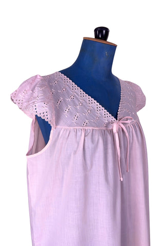 Vintage 1960s Babydoll Nightie Pink Nightgown Bow Eyelet Embroidery - XL+