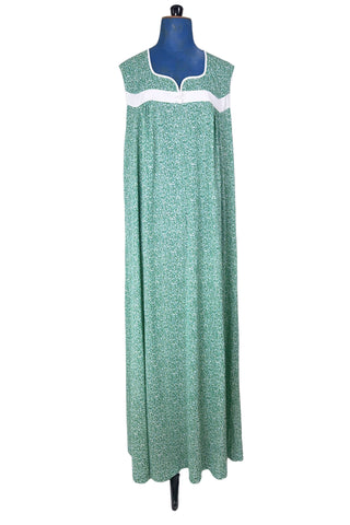 Vintage 1970s Long Nightgown Sleeveless Green Floral White Buttons - XL+